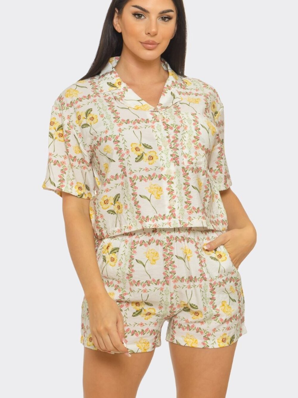 Floral Print Front Button Down Top And Shorts Set Cream Yellow NEW